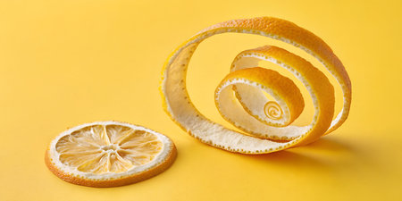 Brighten up with this vibrant lemon peel and slice on sunny yellow, perfect for fresh and zesty designsの写真素材