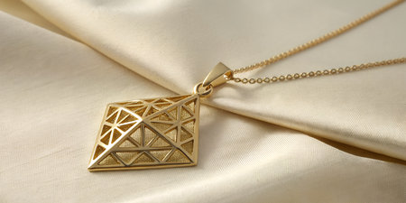 Elegant gold diamond pendant necklace glistening on silk fabric for luxury jewelry advertising or a fashion blog post showcasing new trendsの写真素材