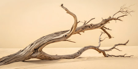 Breathtaking arid landscape showcasing weathered driftwood on a stunning sand dune, perfect for nature, travel, or environmental themesの写真素材