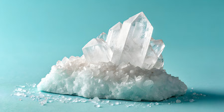 Radiant quartz crystal cluster on dreamy blue background for metaphysical healing and spiritual wellness campaignsの写真素材