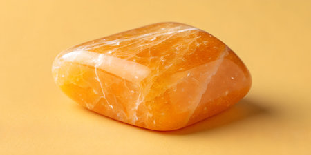 Radiant orange calcite tumbled stone reflecting light on a sunny background perfect for holistic...