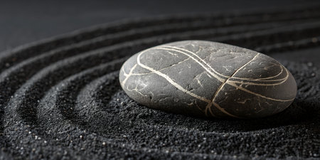 Find inner peace with this zen garden stone resting on textured black sand, bringing tranquility and balance to your mindful spaceの写真素材