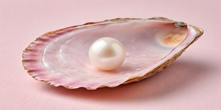 Capture the allure of elegance with a stunning pearl resting inside a delicate pink seashell on a...