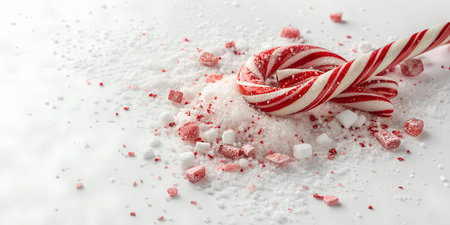 Festive holiday magic with red and white candy canes and sugar crystals for Christmas baking projects or winter celebrations this seasonの写真素材