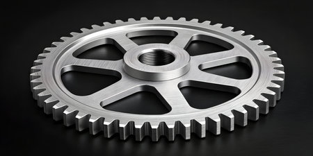 Stunning precision machined metal gear component rests dramatically on a dark industrial backgroundの写真素材