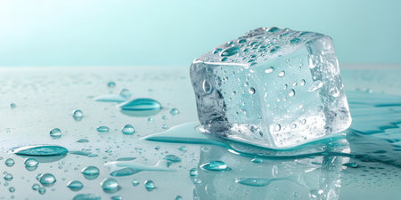 Stunning macro detail of a melting ice cube covered in water droplets cooling a refreshing surfaceの写真素材