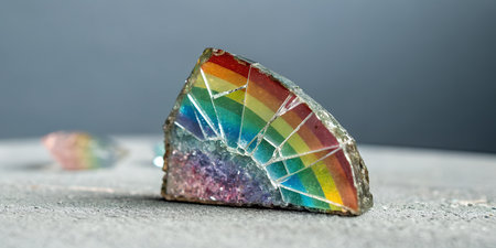 Stunning vibrant rainbow mosaic embedded in rough crystal geode fragment rests on concreteの写真素材