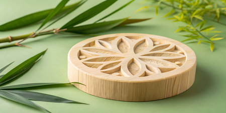 Round wooden coaster with flower carving surrounded by green bamboo leaves on light green backgroundの写真素材