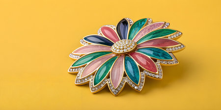 Colorful enamel and rhinestone flower brooch pin on yellow backgroundの写真素材