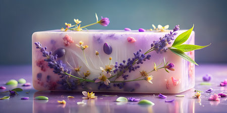 Lavender soap bar with flowers on purple backgroundの写真素材