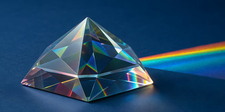 Crystal prism refracting light into vibrant rainbow spectrum on dark blue backgroundの写真素材