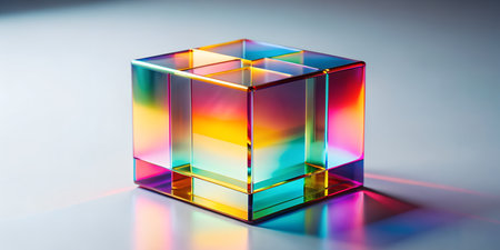 Vibrant rainbow-colored glass cube on reflective surface with colorful shadowsの写真素材