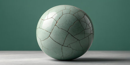 Cracked teal sphere on gray surface with green backgroundの写真素材
