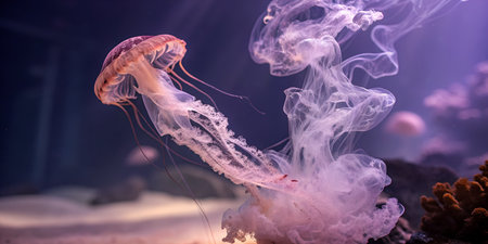 Jellyfish swimming in ocean depths with vibrant purple glowの写真素材