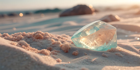 Stunning crystal on serene beach with warm sunset lightの写真素材
