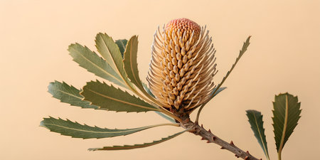 Australian banksia flower head detail against beige background natural light studio portrait....