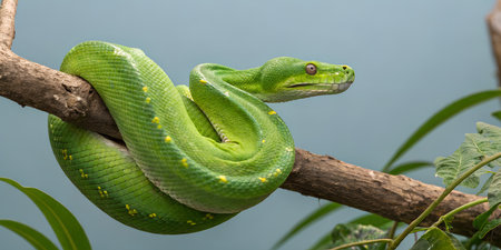 Green tree python coiled on a branch in natural habitat showcasing reptiles vibrant scales and intense gazeの写真素材