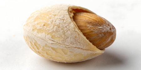 Close up of single almond partially out of shell showing skin texture and white powder coating...