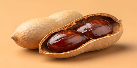 Two shiny tamarind seeds inside open dry brown pod aromatic asian spice macro detail exotic sweet...