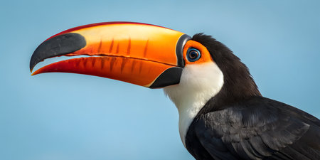 Toucan headshot against blue sky. Close-up of exotic bird. Colorful toucan portrait. Bird with large...
