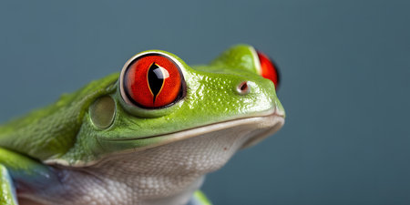 Macro view of green tree frog with intense red eyes bright green skin showing intricate details of...