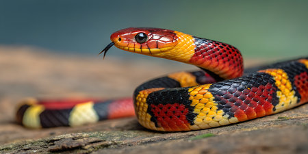 A vibrant milk snake with its distinctive red, yellow, and black banded pattern is prominently...