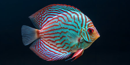 Beautiful tropical freshwater fish showcases vivid coloration with intricate horizontal stripes and...