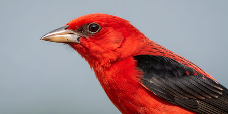 Stunning detailed portrait of beautiful male scarlet tanager. Bright red feathers and contrasting...