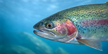 Close up of rainbow trout underwater with scales reflecting light. Fresh water fish swimming in stream. Aquatic life photography showing gills and speckled skin. Cold water species in natural habitat. Detailed aquatic animal swimming in lake.の写真素材