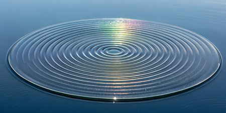 Perfect water ripple abstraction on dark blue liquid surface. Detailed view of natural physics phenomenon creating concentric waves. Concept of sound waves technology meditation zen. Smooth calm surface of deep water with subtle iridescent light.の写真素材