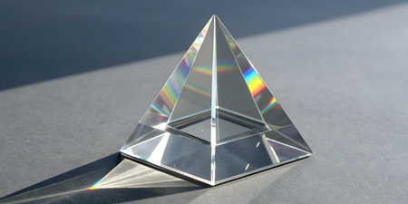 Clear glass triangular pyramid refracts light into rainbow colors. Optical prism effect showing...