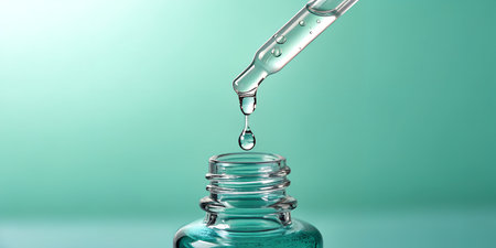 Skin care treatment product in glass bottle with dropper. Liquid drop falling into container against...