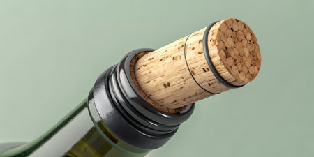 Bottle opening with natural cork stopper partially inserted for sealing red or white beverage,...