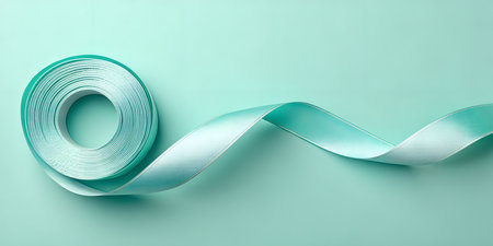 Gracefully unfurled roll of light teal satin ribbon creating an elegant wave on a matching...