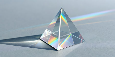 Geometric glass prism creating a beautiful rainbow spectrum. Light refracting and splitting into...