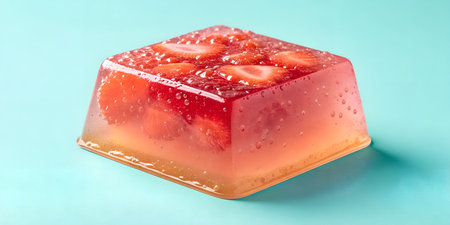 Strawberry jelly square, infused with fresh fruit, glistening red and orange hues, translucent...