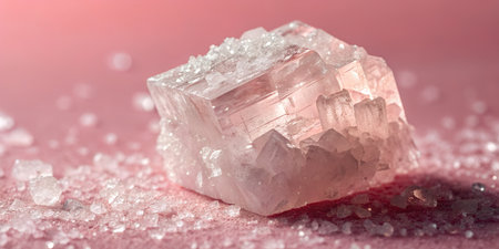 Pink rock salt crystal cube with visible crystalline structure rests on bed of smaller salt grains....
