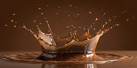 Chocolate splash creates a dynamic crown, milk chocolate drops, brown liquid motion, cocoa drink explosion, sweet dessert pour. Dark brown background enhances rich tones of splashing liquid. Liquid art, delicious beverage, chocolate delight, sweet treat, dessert ingredient, dynamic pour, yummy, tasty.の写真素材