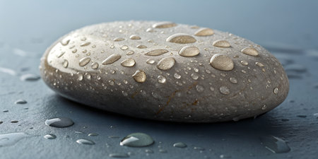 Smooth river stone with water droplets. Wet grey slate surface with reflections. Nature inspired...