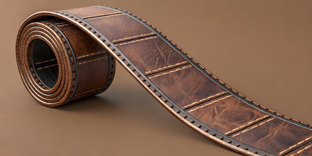 Creative leather roll film strip concept. Brown textured material with stitching details on plain...