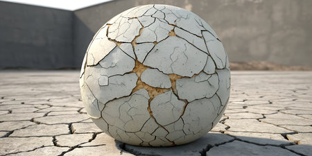 Cracked white sphere on a dry cracked earth surface with a concrete wall background. Fragile textured ball shows inner layers. Deserted land under harsh sunlight. Unique brittle orb artwork. Abstract art in natural environment.の写真素材