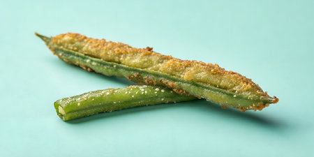 Gourmet vegetable tempura appetizer. Fried battered snap peas side dish. Crispy seasoned green pods. Healthy alternative snack food photography. Long cooked garden vegetables. Delicious starter or finger food item on blue setting.の写真素材