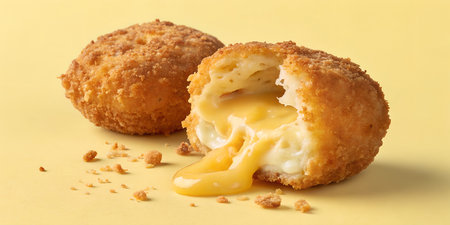 Crispy, fried cheese balls with a golden crust. One ball is split open, revealing a rich, gooey...