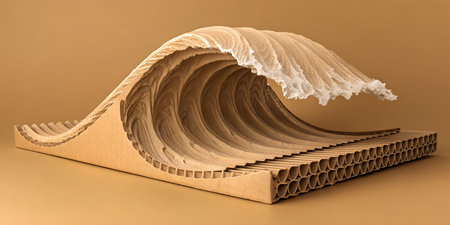 Intricate cardboard sculpture depicting powerful curling ocean wave showing layered corrugated...