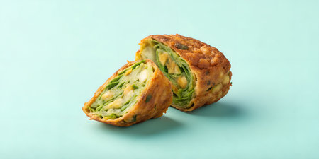 A sliced green omelette roll, revealing its vibrant, layered vegetable filling, presented against a...