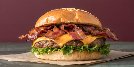 Delicious juicy bacon cheeseburger with crispy bacon, melted cheddar cheese, and fresh green lettuce. Classic american fast food, gourmet burger with a thick beef patty. Tasty comfort food, appetizing meal for lunch or dinner.の写真素材