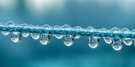 Transparent rain drops on turquoise cord with bokeh background. Purity of water droplets on garden...