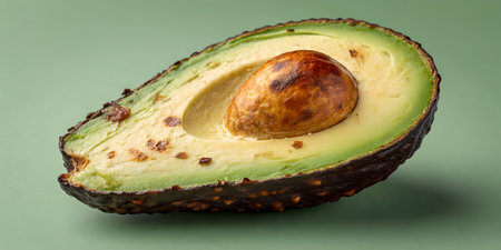 Halved ripe hass avocado with bumpy dark exterior, smooth light green buttery interior, and...
