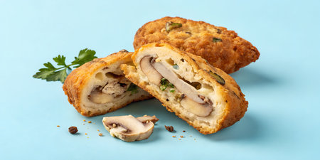 Golden fried chicken kiev, one whole and one cut open revealing a creamy mushroom filling. Garnished with fresh parsley and black peppercorns, this savory dish is presented on a vibrant light blue background. Ideal for food photography, culinary blogs, or restaurant menus highlighting gourmet meals and stuffed chicken recipes.の写真素材