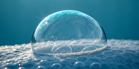 Transparent soap bubble on frost foam background with blue lighting. Abstract macro spheres on...
